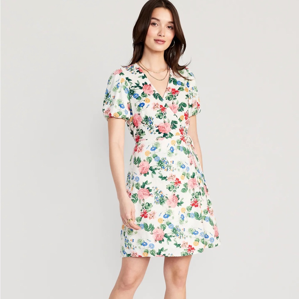 Floral Puff-Sleeve Mini Wrap Dress for women